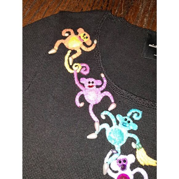 Vintage Med Michael Simon Black Short Sleeve Embellish Monkey Knit Sweater Shirt - Picture 3 of 5